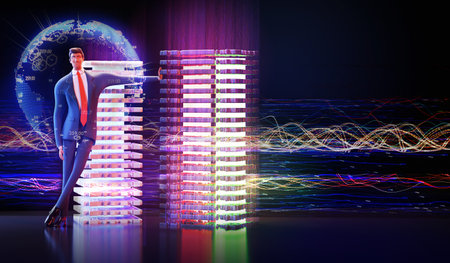 3D rendering illustration. Businessman walking in modern server room with neon lights. Technology,...