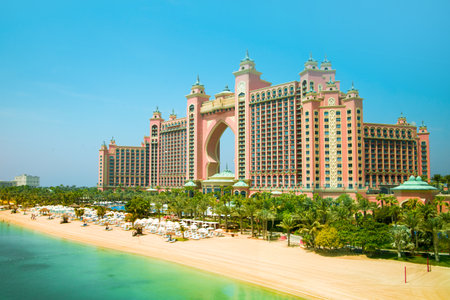 Dubai, UAE - 2 September, 2022: Atlantis hotel with white sand beach at Palm Jumeirah. View from the waterのeditorial素材