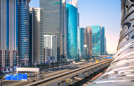 Dubai, UAE - September 2, 2022: Sheikh Zayed Road view, the main motorway of the Dubai with skyscrapersのeditorial素材