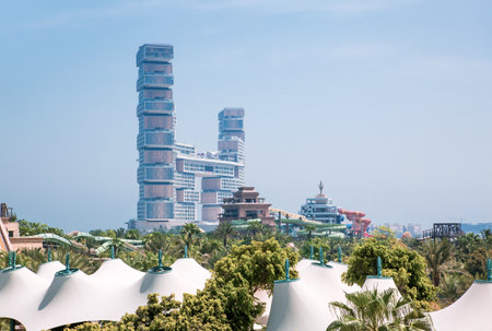 Dubai, UAE - 2 September, 2022: Atlantis apartments building  and waterpark with slides and water rides.のeditorial素材