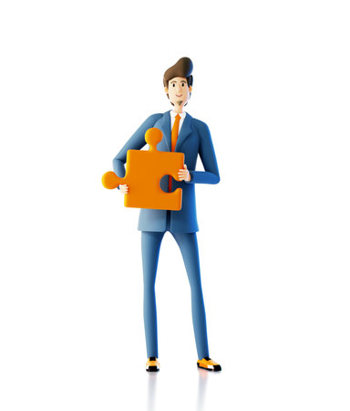 Businessman with puzzle piece.  Happy business workers 3D rendering characters illustrationの写真素材
