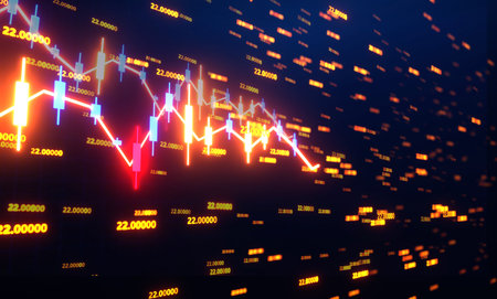 Neon Business background, financial, stock market graphs diagram running line and digits at the background. Economy, finance Concept, 3D rendering illustrationの写真素材
