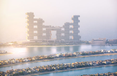 Dubai, UAE - August 28, 2022: The Palm Jumeirah and Atlantis hotel view at sunset.のeditorial素材