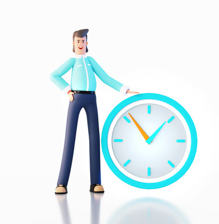 Successful businessman stays next to clock. Happy office workers 3D rendering illustrationの写真素材