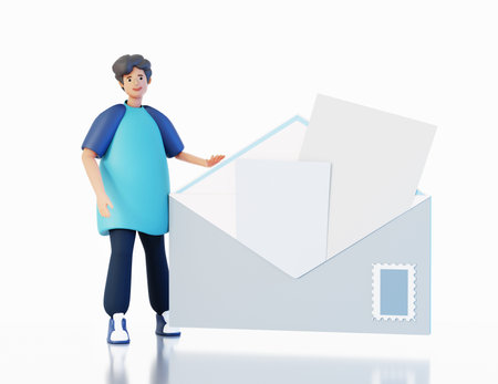 Young man stays next to big envelope. Email, correspondence, messaging idea. Happy office workers 3D rendering illustrationの写真素材