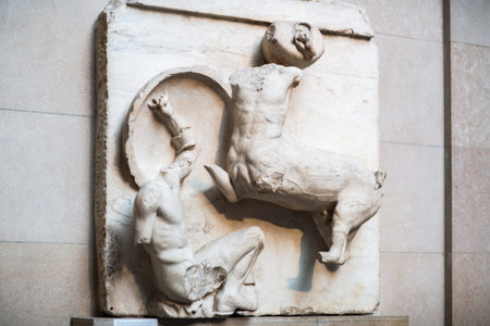London, UK - October 20, 2022:  Centauromachy, battle Centaur and a Lapith. Metopes, detail of...