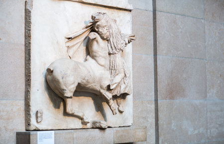 London, UK - October 20, 2022:  Centauromachy, battle Centaur and a Lapith. Metopes, detail of Parthenon frieze.のeditorial素材