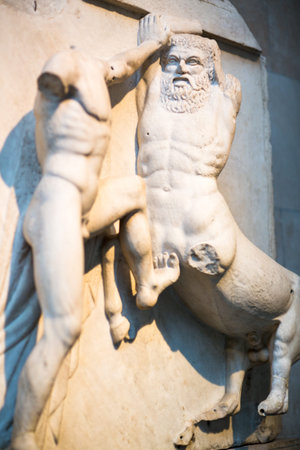 London, UK - October 20, 2022:  Centauromachy, battle Centaur and a Lapith. Metopes, detail of...