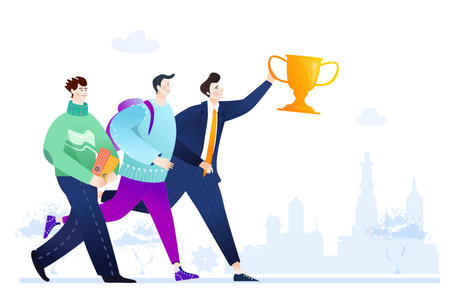 Business people, team running with golden trophy in the Cityのイラスト素材