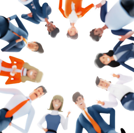 Blurred background with lots of business people looking down and smiling to the camera. Business and success concept 3D rendering illustrationの写真素材