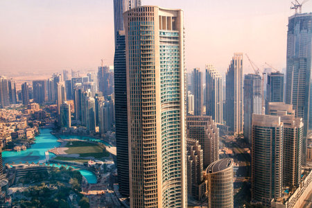 Dubai, UAE - August 28, 2022: Burj Khalifa and Dubai city centre view at sunset