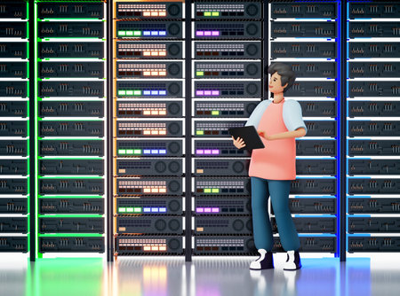 IT engineers are working with rack and computers in server room. Internet, data, personal online security concept. 3D rendering illustrationの写真素材