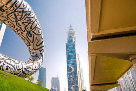 Dubai, UAE - September 2, 2022: Egg shape building, Museum of the future at Sheikh Zayed Road view from the tube station.のeditorial素材