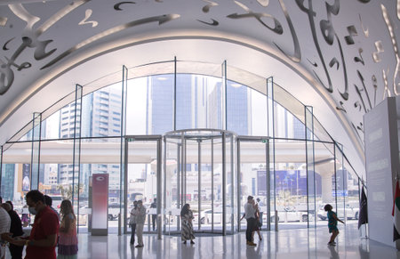 Dubai, UAE - September 2, 2022: Entrance to the Museum of  the Future, entrance hall interior with touristsのeditorial素材