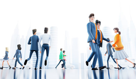 Lots of young, motivated business and professional people are walking in the city. Skyscrapers and office buildings at the background. 3D rendering illustrationの写真素材