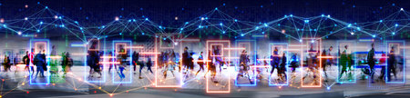 Walking business people are tracked with CCTV AI facial recognition technology, Big Data Analysis,...