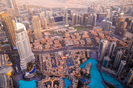 Dubai, UAE - August 28, 2022: Dubai city at night, view with lit up skyscrapers and roads.のeditorial素材