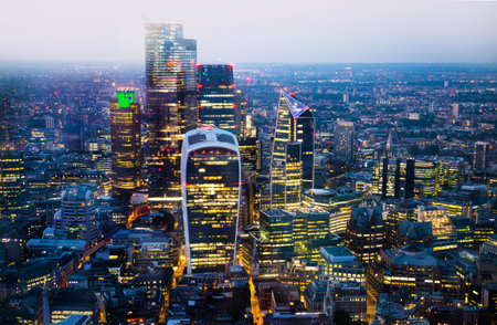 City of London banking and business area view  at night. London, UKのeditorial素材