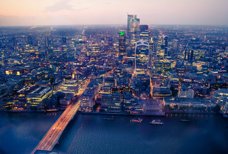 City of London banking and business area view  at night. London, UKのeditorial素材