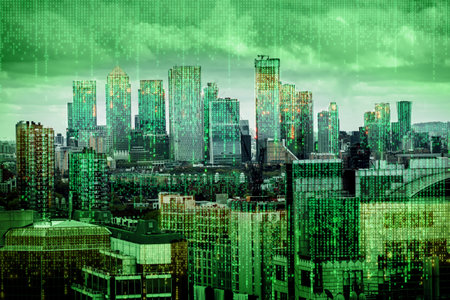 City of London view with matrix  concept and digital connections. Virtual connectivity of the city. Financial district skyline with matrix sky background in green.の写真素材