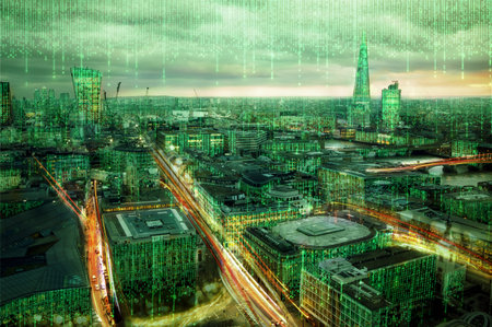 City of London view with matrix  concept and digital connections. Virtual connectivity of the city....