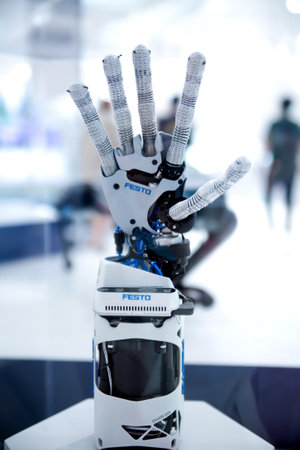 Dubai, UAE - September 2, 2022: Robotic hand in the Museum of the Futureのeditorial素材