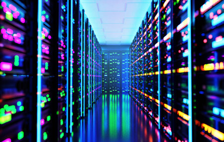 Big Modern server room, data centre or mining farm interior with beautiful neon lights reflections....