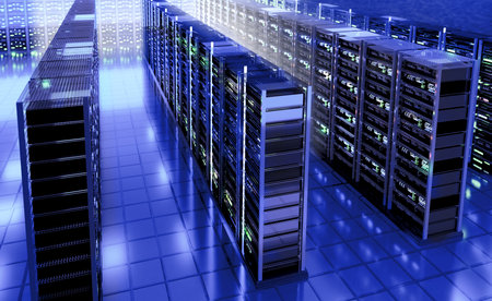 Big Modern server room, data centre or mining farm interior with beautiful neon lights reflections....
