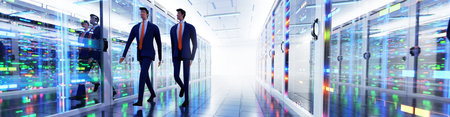 Wide panorama of Big Modern server room, data centre or mining farm interior with beautiful neon...