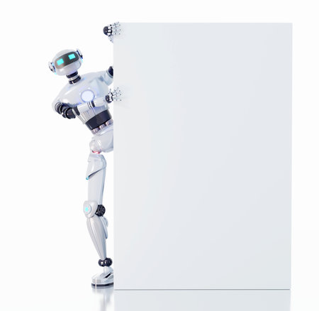 White robot looking to camera and holding background with space for text,  3D rendering illustration isolated on white background. Technology conceptの写真素材