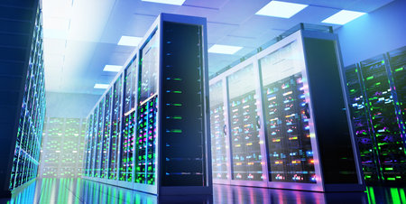 Server room data center. Backup, mining, hosting, mainframe, farm and computer rack with storage...