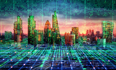 City of London view with matrix concept and digital connections. Virtual connectivity of the city. Financial district skyline with matrix sky background in green.の写真素材