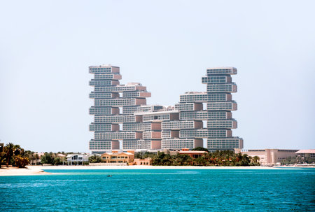 Dubai, UAE - August 30, 2022:New Atlantis at Palm Jumeirah and villas with white sand beachesのeditorial素材