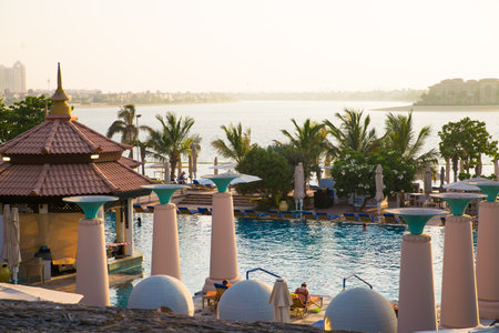 Dubai, UAE September 1, 2022: New Atlantis hotel distant view  at Palm Jumeirah at sunsetのeditorial素材