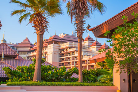 Dubai, UAE September 1, 2022: Water side villas at Palm Jumeirah at sunsetのeditorial素材