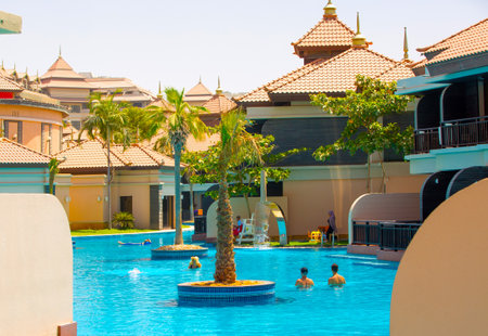 Dubai, UAE September 1, 2022: Water side villas at Palm Jumeirah at sunsetのeditorial素材