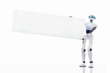 White robot holds big banner for your text. Technology and computer science concept. 3D rendering illustrationの写真素材