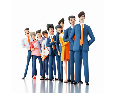 Successful business team stand in line. Business people smile to camera isolated on white. 3D...