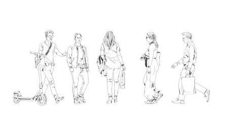 Business people in suit are walking in the city. Sketch, set of  talking, walking, using mobile phone peopleのイラスト素材