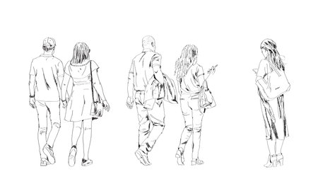 Sketch of walking people in casual clothes. People walking with bags, couple holding hands and lady using mobile phoneのイラスト素材