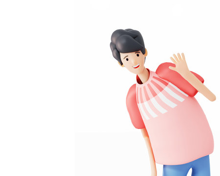 Portrait of young woman waving his hand in order to say Hi. Background with space for text. 3D rendering illustrationの写真素材