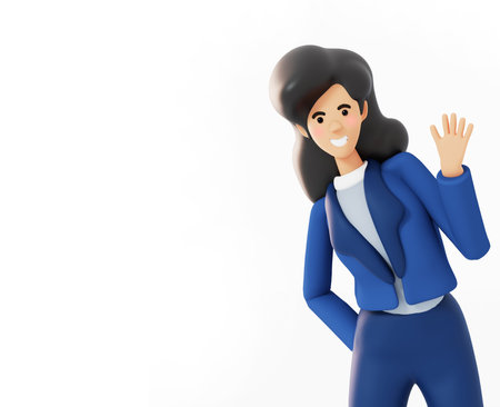 Portrait of business woman waving his hand in order to say Hi. Background with space for text. 3D rendering illustrationの写真素材