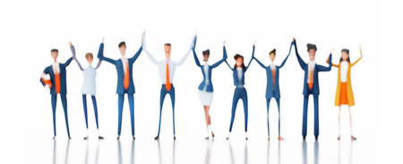 Team of successful business people standing in line at white and holding hands up as symbol of togetherness and winning. 3D rendering illustrationの写真素材