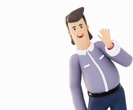 Portrait of businessman waving his hand in order to say Hi. Background with space for text. 3D rendering illustrationの写真素材