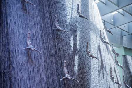 Dubai, UAE - September 2, 2022: Fountain in Dubai Mall shopping centre. The biggest shopping place in the world.のeditorial素材