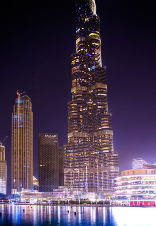 Dubai, UAE - August 28, 2022: Dubai skyscrapers at Mall square with beautiful reflections at...