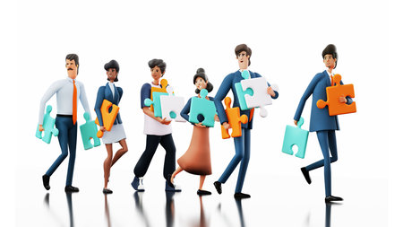 Happy business people walking with puzzle pieces. 3D rendering illustrationの写真素材