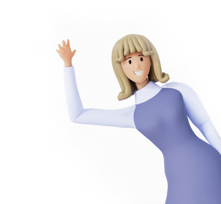 Happy confident business woman waving hand and smile to camera. 3D rendering illustrationの写真素材