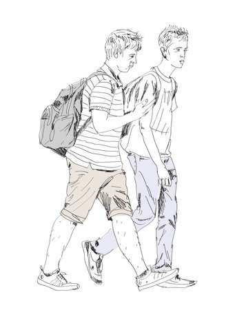 Sketch, young boys with backpack walking  in the city. Collection of silhouettes for your project.のイラスト素材