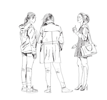 Sketch, group of young girls talking in the city. Collection of silhouettes for your project.のイラスト素材